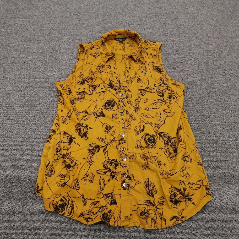 Rock & Republic Shirt Womens L Yellow Floral Sleeveless Button Up Tunic Rayon